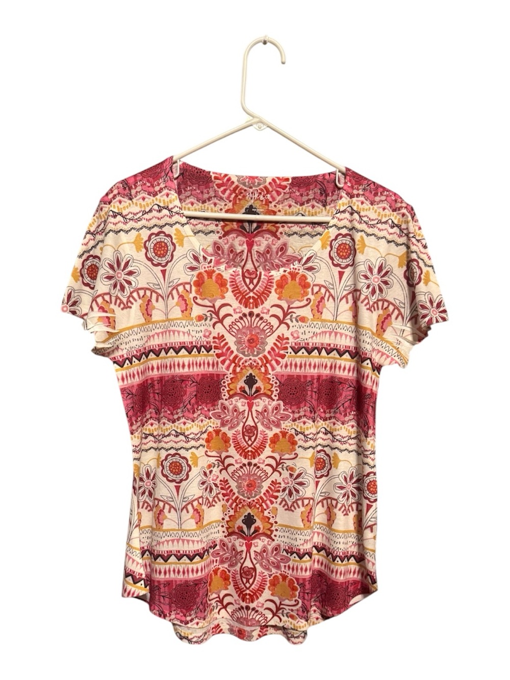 Womens V-Neck Short Sleeve Printed Top in Pink and Orange - Picture 2 of 7